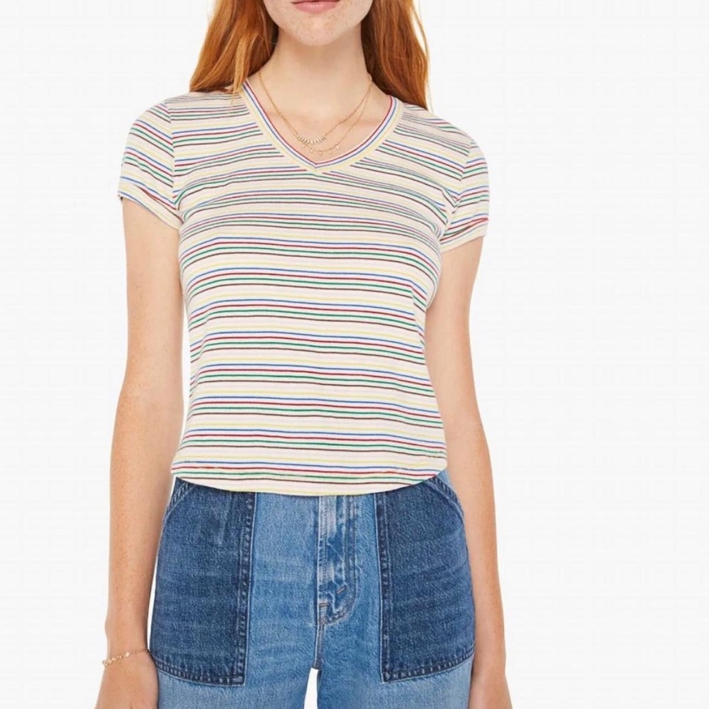 MOTHER Cream Multicolor Stripe V-Neck Tee